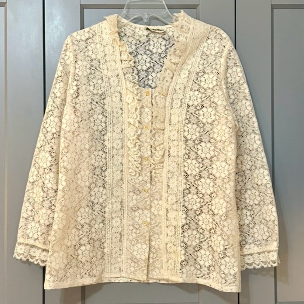 Vintage Tumbleweeds Floral Lace Button Down Ruffled Blouse Ivory Womens Sz M/L